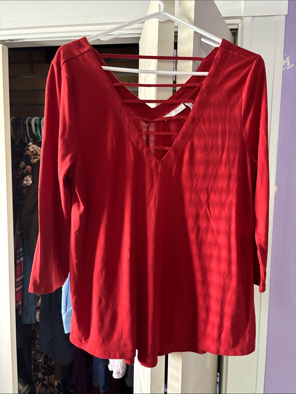 Women’s Red V-Neck Strappy Back Long Sleeve Top